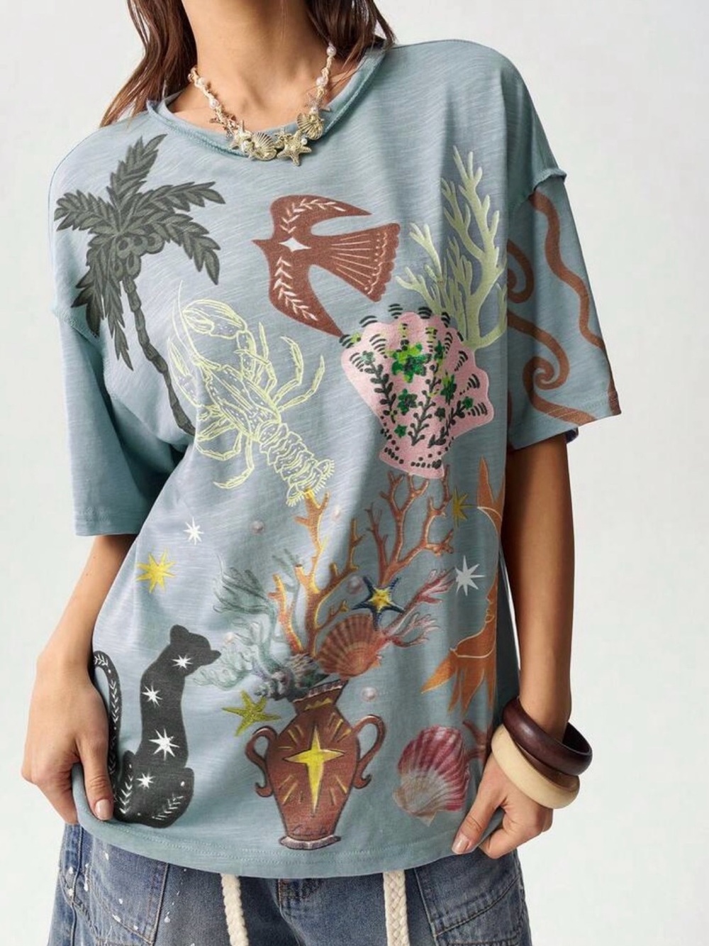 Boho Seaside Graphic Tee bird Palm tree cat- short sleeve t-shirt Blue Green - Picture 2 of 5